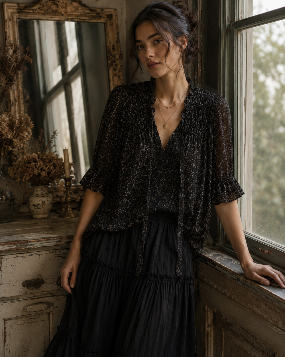 Pleione Women Whimsigoth Floral Top M Ruffle Sleeves Neck Tie Dark Romantic Boho